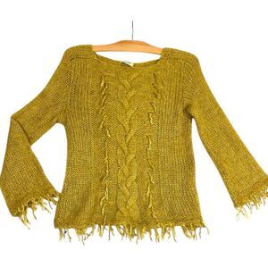 Vintage Blow Mohair Cable Knit Fringe Sweater Green Made in Italy Fisherman Sz M
